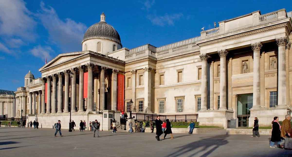 Exterior of the National Gallery in Trafalgar Square, London.