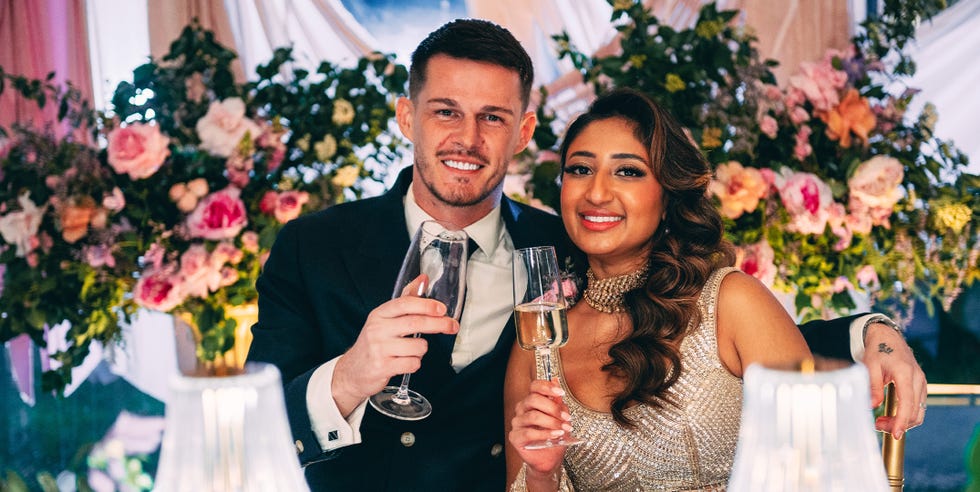 MAFS UK Nelly and Dean celebration with drinks in a floral decor setting