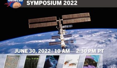 Title slide for the GeneLab Analysis Working Group Symposium 2022, featuring the International Space Station over Earth, event date and time, and science imagery.