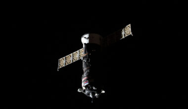 The Roscosmos Progress 92 cargo spacecraft approaches the International Space Station on July 5, 2025, for an automated docking to the orbital complex’s Poisk module.