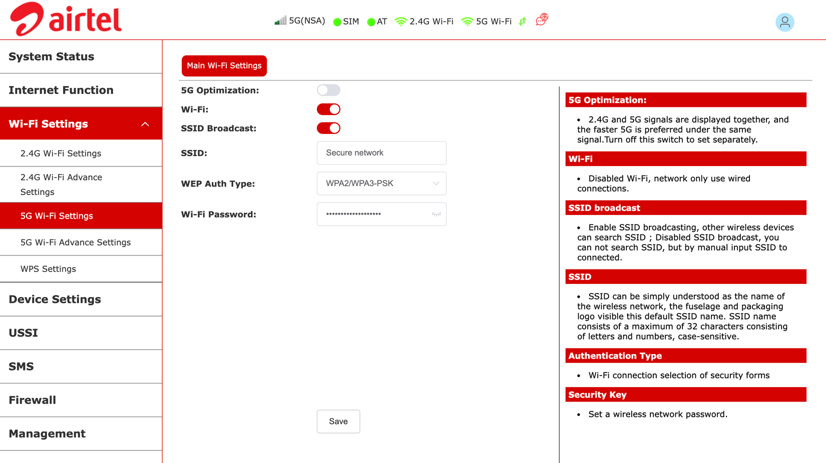 Router admin panel showing a 5GHz Wi-Fi settings page with SSID name and strong password set