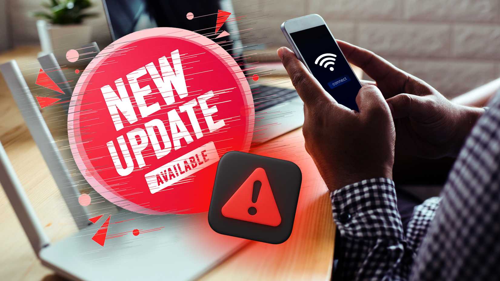 router and smartphone connecting with glitchy new update sign.