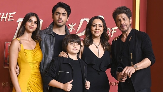Bollywood actor Shah Rukh Khan (R) poses along with his wife Gauri Khan (2R) and children Aryan Khan (2L), AbRam Khan (C) and Suhana Khan during the premiere of Netflix's series The Ba***ds of Bollywood.(AFP)