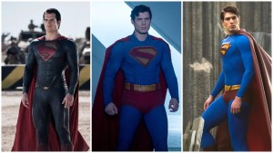 A triptych image of Henry Cavill in Man of Steel, David Corenswet in Superman and Brandon Routh in Superman Returns