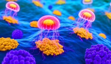 Illustration of fluorescent proteins being used as biological qubits within living cells.