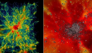 A sample of simulations showing a model of the expanding universe (left) and a zoomed-in view of tracer particles (right).