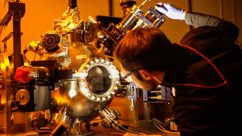 A scientist wearing safety glasses and gloves closely examines a complex scientific instrument with metallic parts, tubes, and wires in a laboratory with warm lighting.