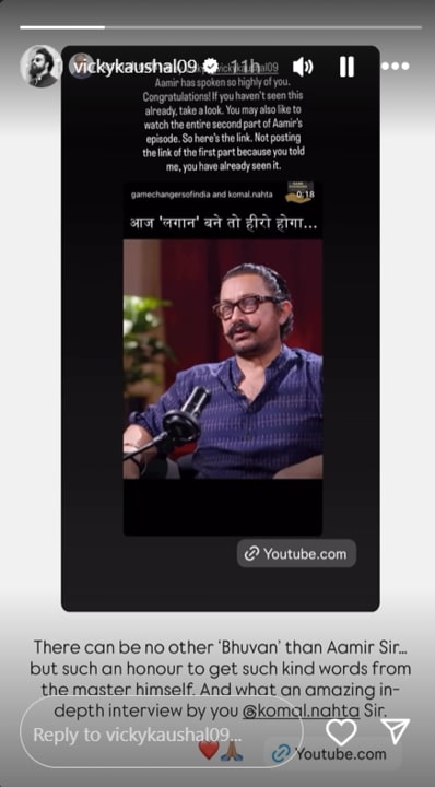 Vicky shared a clip of Aamir speaking on Komal Nahta’s podcast Game Changers: The Producer Series.