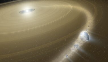 Hungry white dwarf: Small bright white star surrounded by many translucent rings. A trail of irregular rocky objects is being pulled into the star, emitting whitish trails behind them.