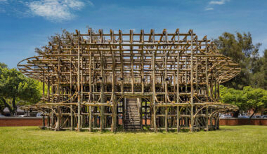 bamboo poles form cheng tsung feng's theatre installation in taiwan