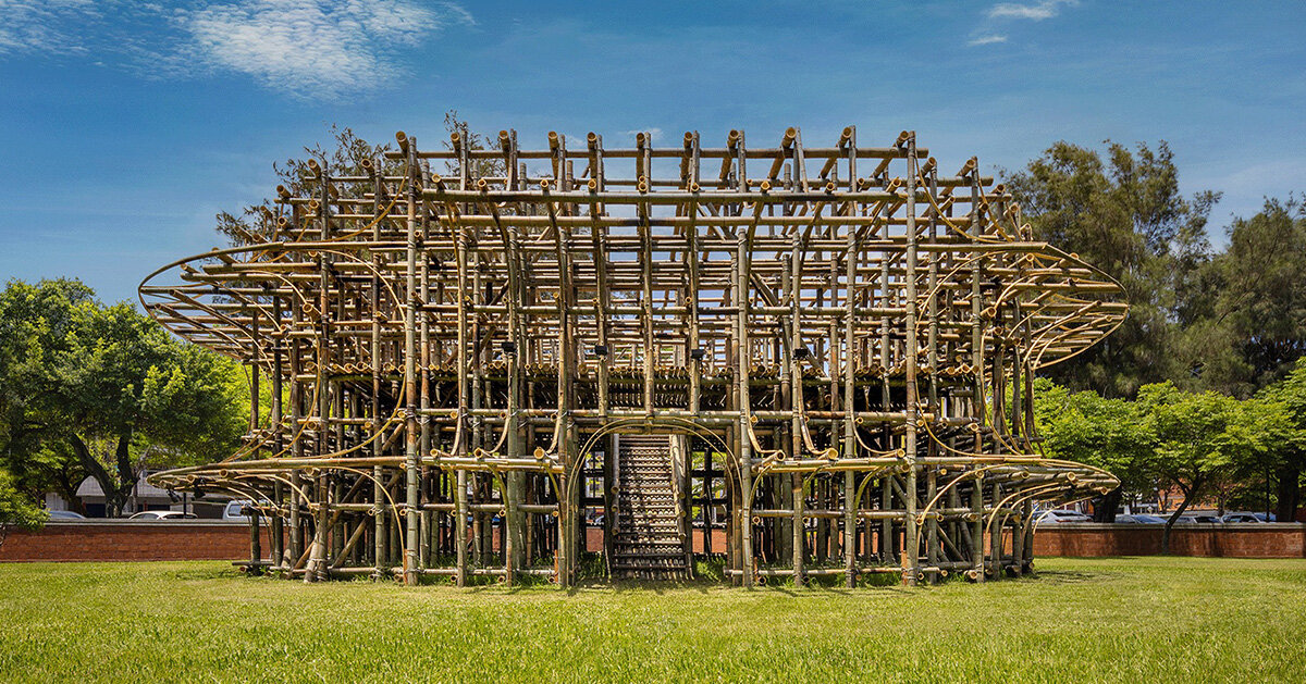 bamboo poles form cheng tsung feng's theatre installation in taiwan