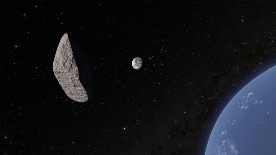 This artistic animation shows asteroid 2024 YR4 passing by Earth.(AP)