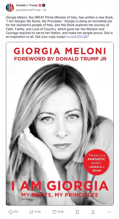 Donald Trump's Truth Social post promoting Giorgia Meloni's book "I Am Giorgia: My Roots, My Principles."