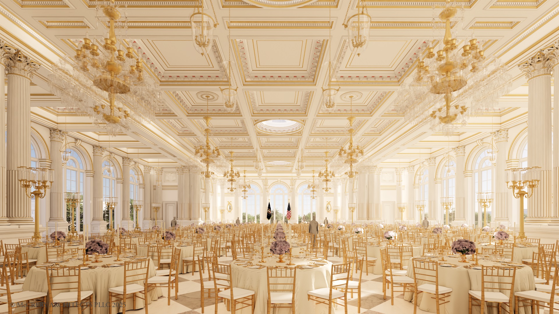 Illustration of the proposed White House Ballroom with numerous round tables and gold chairs.