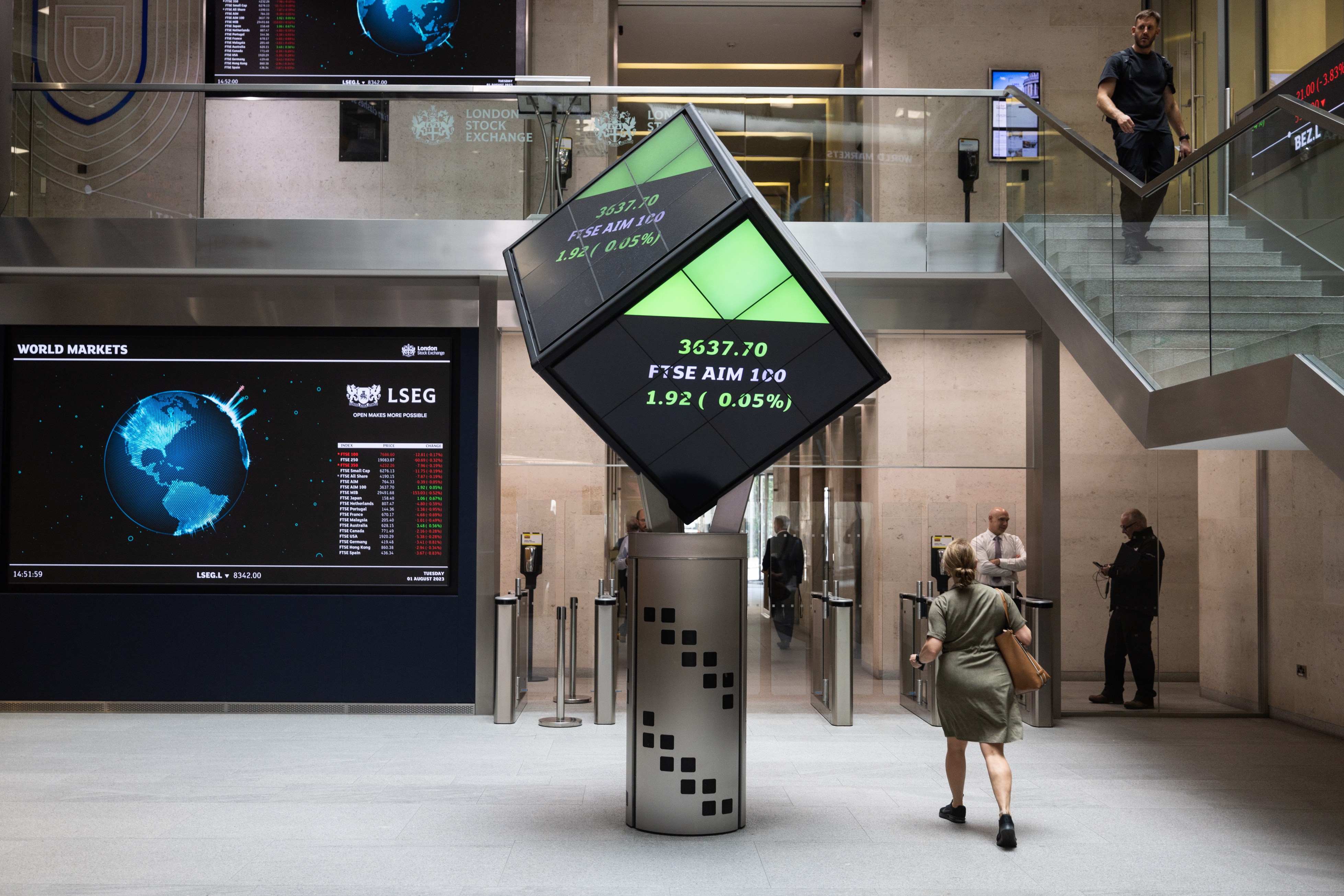 Stock market information displayed in the London Stock Exchange.
