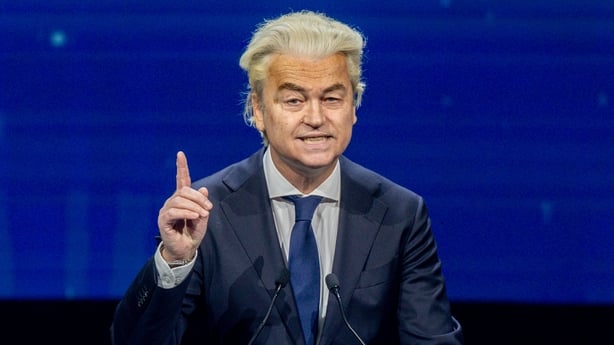 MADRID, SPAIN - FEBRUARY 08: The leader of the Party for Freedom, Geert Wilders, speaks during the 'Patriots' summit, at the Marriott Auditorium Hotel, on February 8, 2025, in Madrid, Spain. Vox has organized in Madrid a summit of 'Patriots', a formation that integrates the political parties of the
