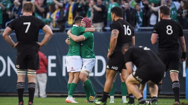5 November 2016; Josh van der Flier, right, and Conor Murray of Ireland celebrate victory after the International rugby match between Ireland and New Zealand at Soldier Field in Chicago, USA. Photo by Brendan Moran/Sportsfile