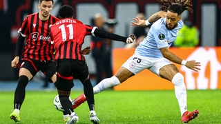 Milan Mbeng of Shelbourne in action against Ronaldo Webster of KF Shkendija during the UEFA Conference League 2025/26 league phase match between KF Shkendija and Shelbourne at the National Arena Todor Proeski in Skopje, North Macedonia.