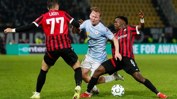 Skopje , Macedonia - 23 October 2025; Jack Henry Francis of Shelbourne in action against Liridon Latifi, left, and Adamu Alhassan of KF Shkendija during the UEFA Conference League 2025/26 league phase match between KF Shkendija and Shelbourne at the National Arena Todor Proeski in Skopje, North Mace