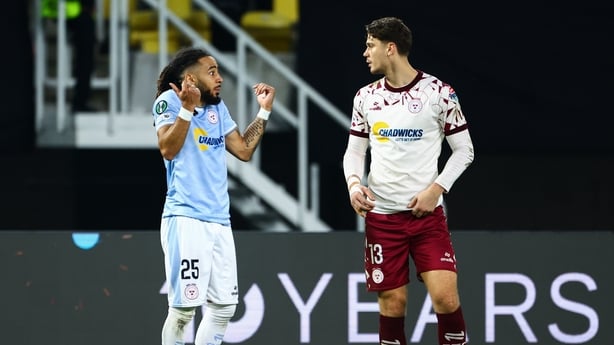 23 October 2025; Milan Mbeng, left, and Shelbourne goalkeeper Wessel Speel react after their side's injury time defeat in the UEFA Conference League 2025/26 league phase match between KF Shkendija and Shelbourne at the National Arena Todor Proeski in Skopje, North Macedonia. Photo by Nikola Krstic/S
