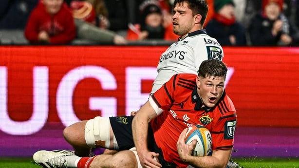 25 October 2025; Jack O'Donoghue of Munster scores his side's first try during the United Rugby Championship match between Munster and Connacht at Thomond Park in Limerick. Photo by Ben McShane/Sportsfile