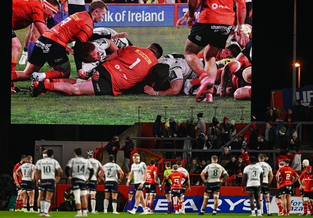 25 October 2025; Connacht and Munster players look to the big screen as Connacht's second try, scored by Paul Boyle, is shown to be grounded by Television match official Matteo Liperini, not pictured, subsequently awarding the try during the United Rugby Championship match between Munster and Connac