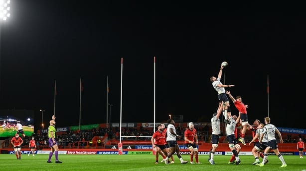 25 October 2025; Paul Doyle of Connacht wins possession in the lineout during the United Rugby Championship match between Munster and Connacht at Thomond Park in Limerick. Photo by Ben McShane/Sportsfile