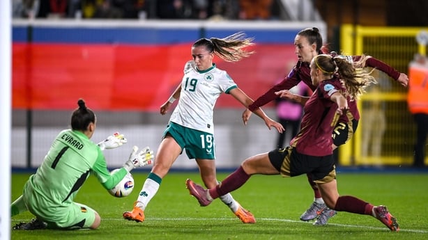 28 October 2025; Abbie Larkin of Republic of Ireland scores her side's first goal during the UEFA Women's Nations League A/B promotion/relegation play-off second leg match between Belgium and Republic of Ireland at The King Power At Den Dreef Stadium in Leuven, Belgium. Photo by Stephen McCarthy/Spo