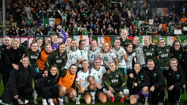 28 October 2025; Republic of Ireland players and staff celebrate after the UEFA Women's Nations League A/B promotion/relegation play-off second leg match between Belgium and Republic of Ireland at The King Power At Den Dreef Stadium in Leuven, Belgium. Photo by Stephen McCarthy/Sportsfile