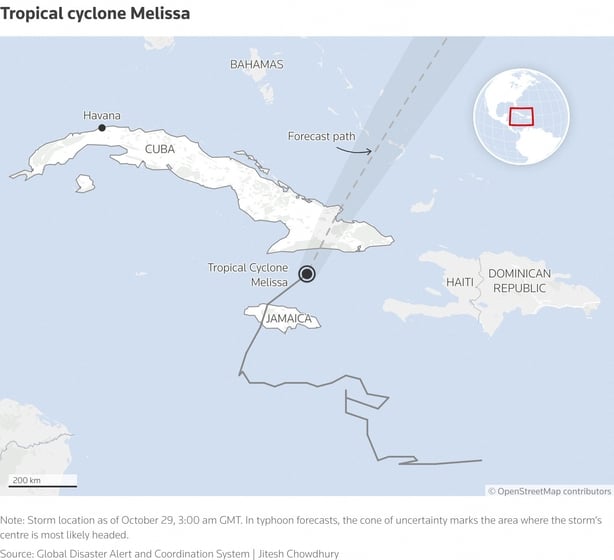 Map showing Tropical Cyclone Melissa's current location