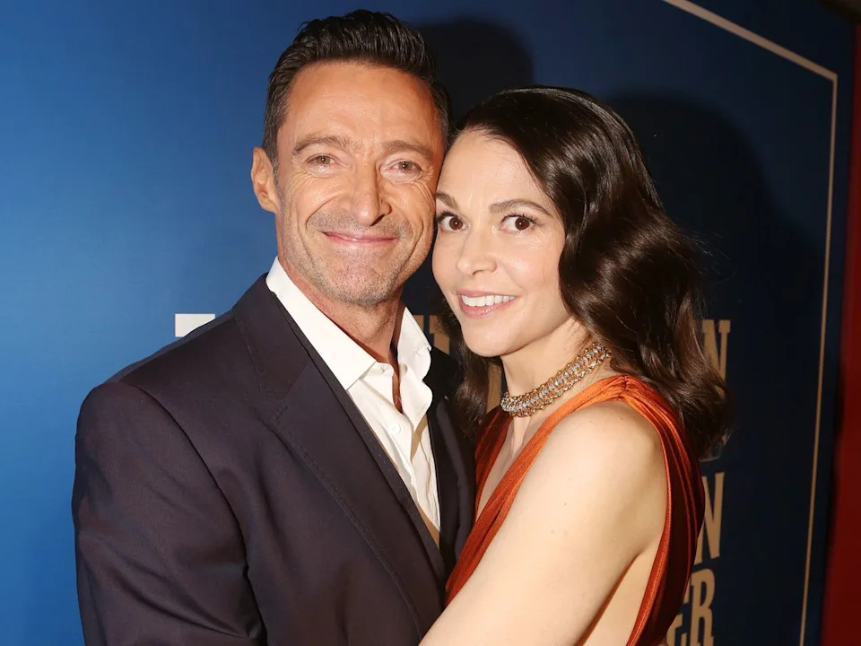 Bruce Glikas/FilmMagic Hugh Jackman and Sutton Foster pose at the opening night of 'The Music Man' on Broadway at The Winter Garden Theater on Feb. 10, 2022 in New York City