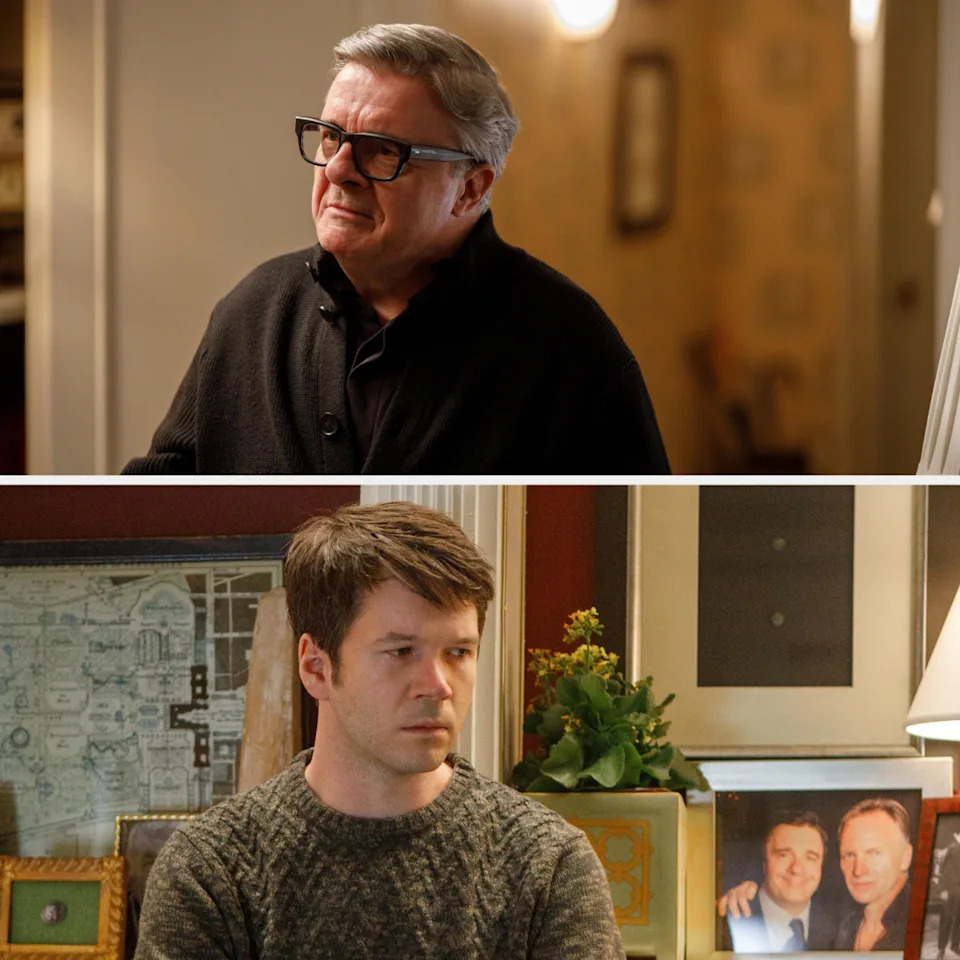 Nathan Lane in a black sweater (top). Michael Cyril Creighton in a gray sweater, sitting near a framed photo of two men (bottom)