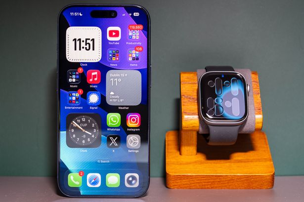Apple Watch Series works by pairing with with iPhone 17 Pro, left, and other Apple handsets