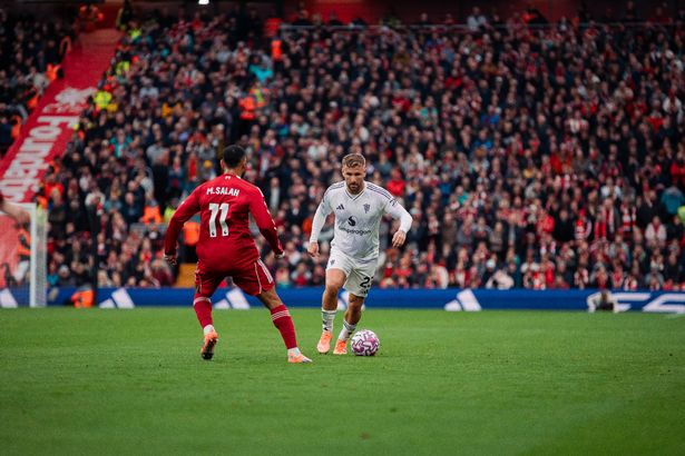 Luke Shaw of Manchester United takes on Mo Salah during the 2-1 win over Liverpool