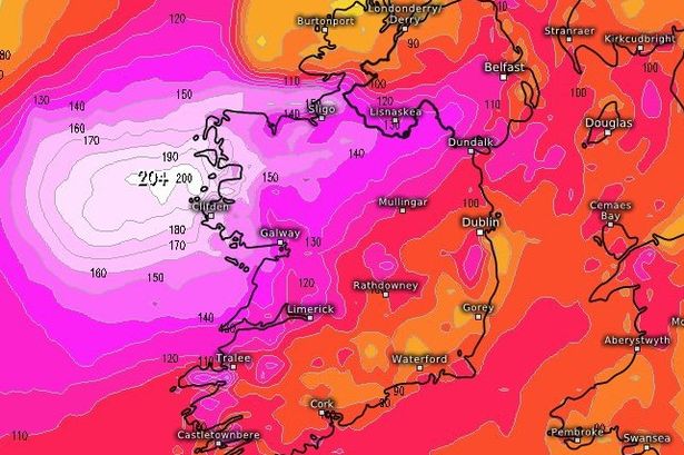 Weather maps showing strong gusts hitting the west of Ireland on Friday