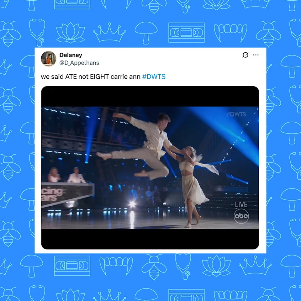 Dancers perform an acrobatic routine on "Dancing with the Stars" stage as judges look on. Social media post comments humorously on the performance