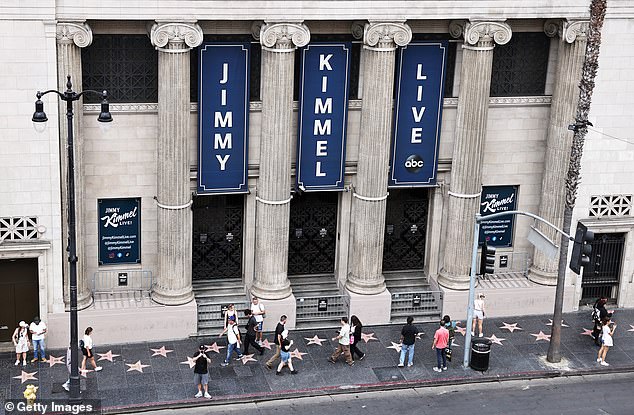 People walk outside the El Capitan Entertainment Centre where the Jimmy Kimmel Live! show is performed