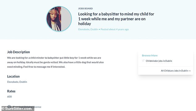 It's been revealed that four years ago Aruebose advertised online (pictured) for someone to 'mind my child for a week while me and my partner are on holidays'