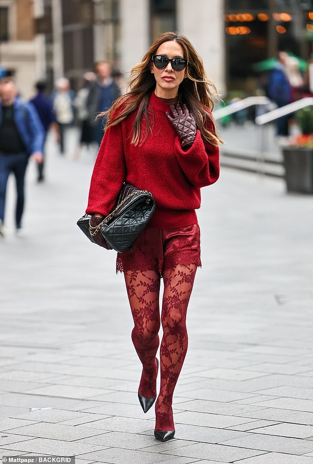 Myleene Klass opted for a striking all-red look as she returned to work at Smooth Radio on Thursday, after appearing in court to detail her stalking ordeal