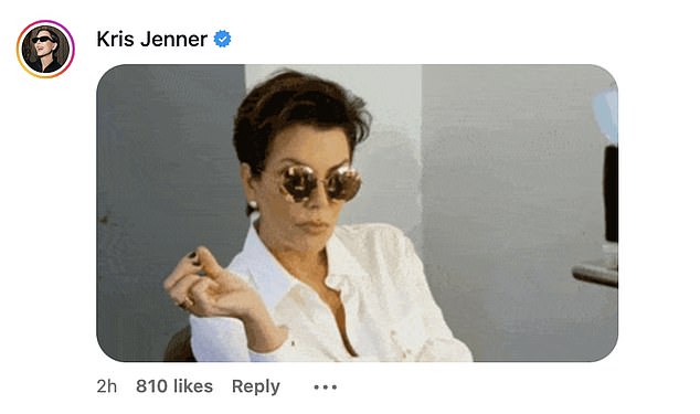 Kris reacted to Kim's new look by sharing a GIF of herself in Kim's Instagram comments