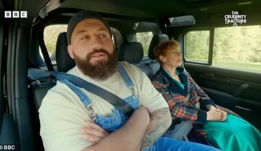 Joe Marler, 35, arrives in dungarees and a T-shirt, completing the building site labourer look with a plain beanie hat alongside Celia Imrie, 73, who is wearing a Catherine Walker tartan coat with silk velvet collars and cuffs costing £14,900