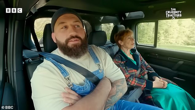 Joe Marler, 35, arrives in dungarees and a T-shirt, completing the building site labourer look with a plain beanie hat alongside Celia Imrie, 73, who is wearing a Catherine Walker tartan coat with silk velvet collars and cuffs costing £14,900