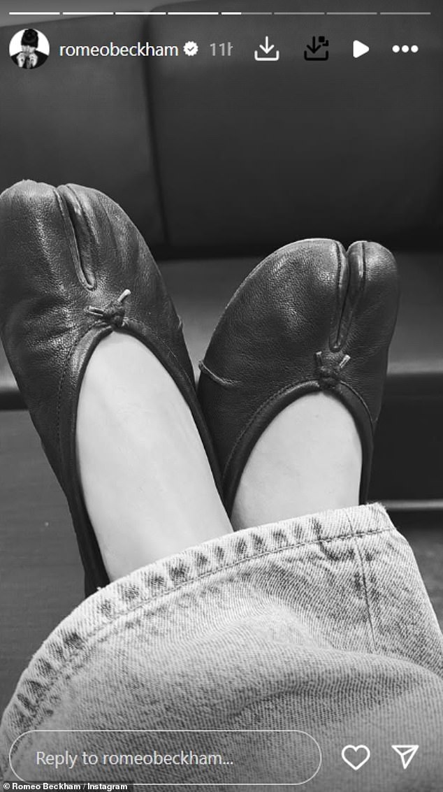 The son of David and Victoria Beckham, 23, shared a series of pictures to his Stories from his time at Paris fashion week, including one of a woman's feet wearing hoof shoes and jeans