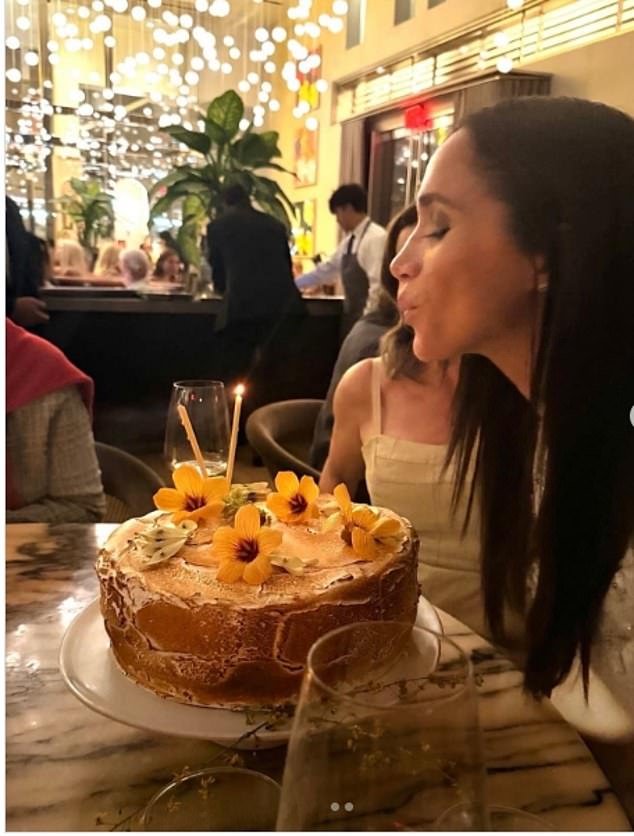 Meghan brought back her bedazzled Valentino dress for her 44th birthday celebration’s at Funke in August. The short-sleeved mini is just visible in the photo, but its embellished flowers peeking out from her long hair made the style instantly recognisable