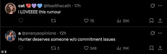 'i LOVEEEE this rumour,' enthused another commenter. But another user claimed that 'Hunter deserves someone w/o commitment issues'