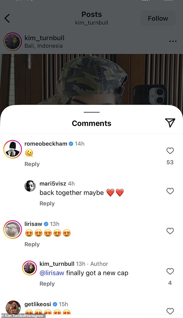 Romeo quickly replied to her swimsuit snaps, with the swooning former lover simply commenting with a melting face emoji