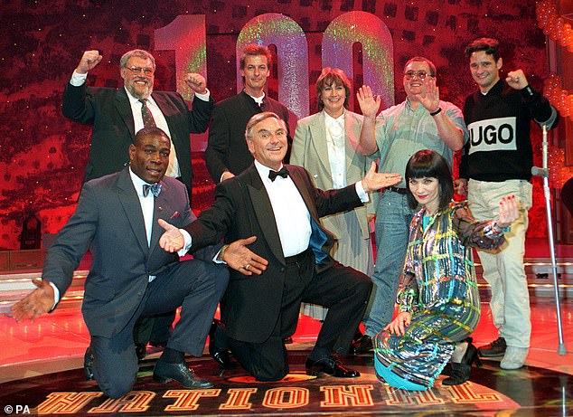 National Lottery presenters Frank Bruno (bottom left), Bob Monkhouse (bottom centre) and Mystic Meg (bottom right) celebrate the 100th jackpot draw