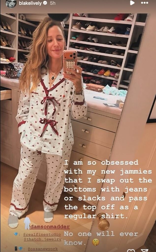 Blake Lively, 38, shared a slice-of-life post with her 42.5 million followers on Monday, showing off her preferred brand of pajamas amid her ongoing legal battle with Justin Baldoni, 41