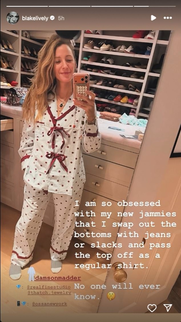 Blake Lively, 38, shared a slice-of-life post with her 42.5 million followers on Monday, showing off her preferred brand of pajamas amid her ongoing legal battle with Justin Baldoni, 41