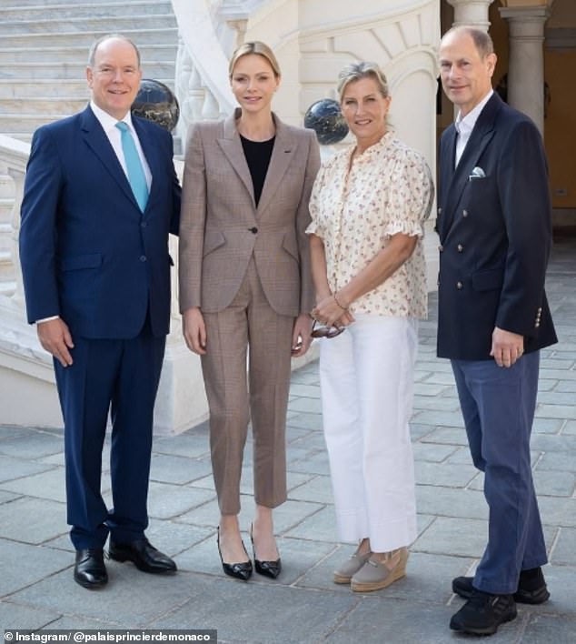 Prince Albert and Princess Charlene (pictured left) joined the Duke and Duchess of Edinburgh (pictured right) in Monte Carlo over the weekend